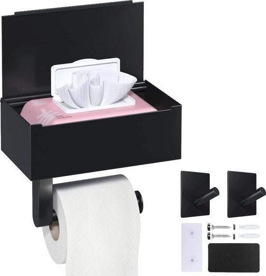 Sostituto di Carta igienica, Nero, Sostituto di Carta igienica senza Foratura con Box per Dischetti, Sostituto di Carta igienica con Ripiano per Bagno, Sostituto di Carta igienica con Ripiano per Bagno con Adesivo o Foratura (Nero opaco)