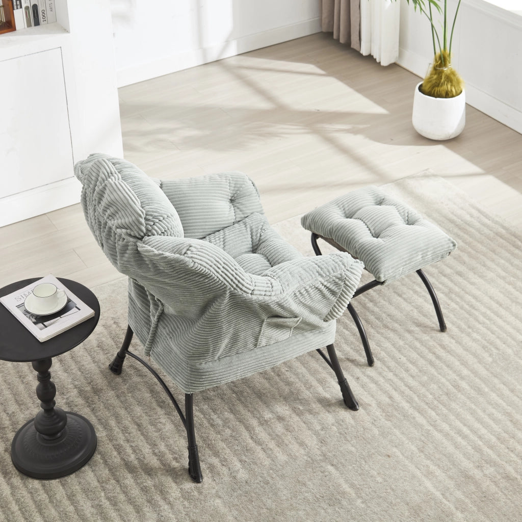 Fauteuil con pouf e tasca laterale in flanella con schienale ergonomico e struttura stabile in acciaio verde chiaro