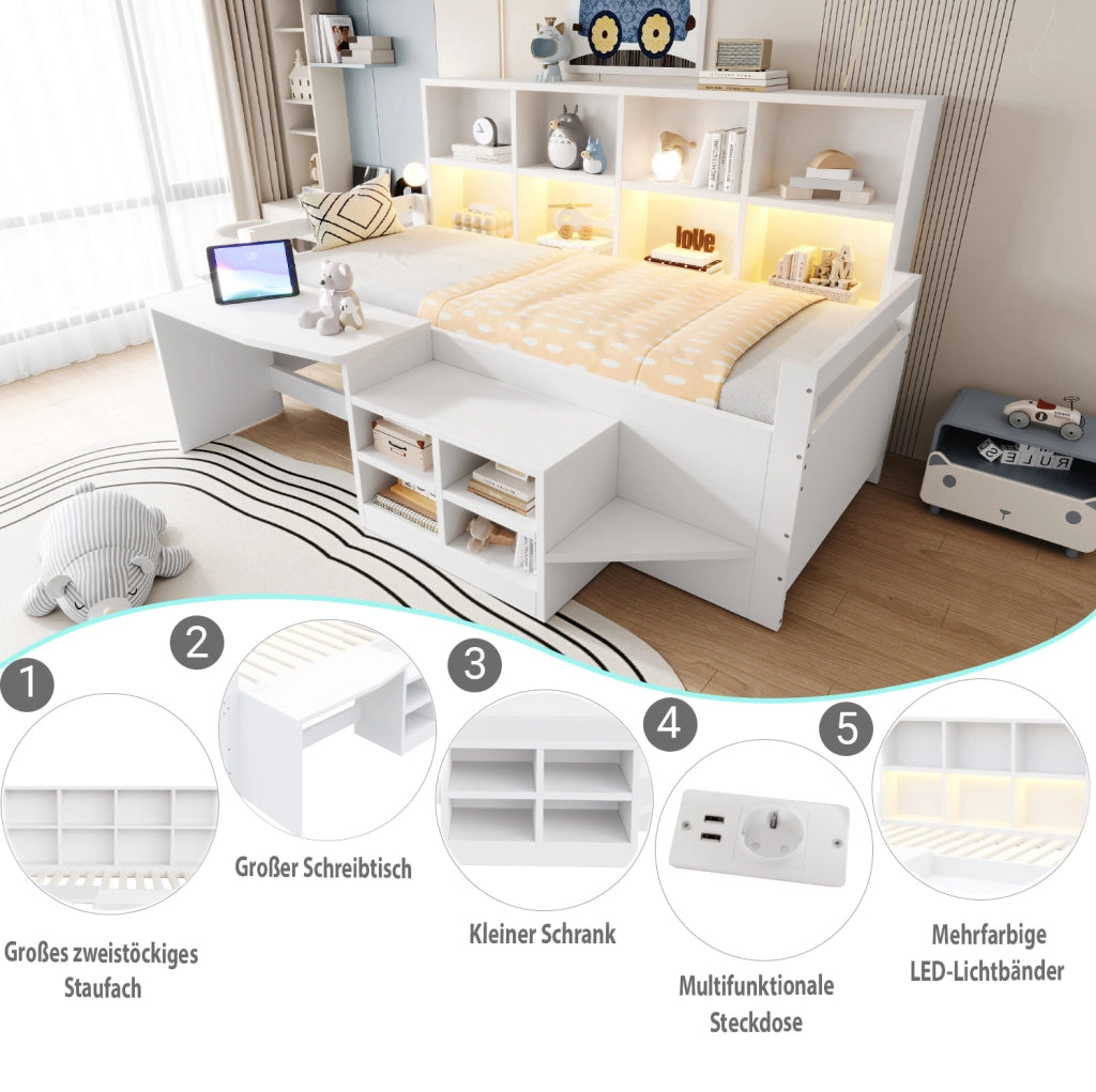 Letto multifunzionale 90x200 cm con scrivania; contenitori; LED e scala; bianco