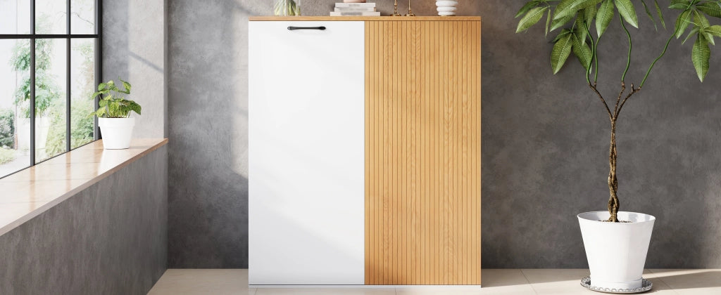 Highboard 80x40x110 cm in MDF bianco e rovere, mobile contenitore moderno per ufficio