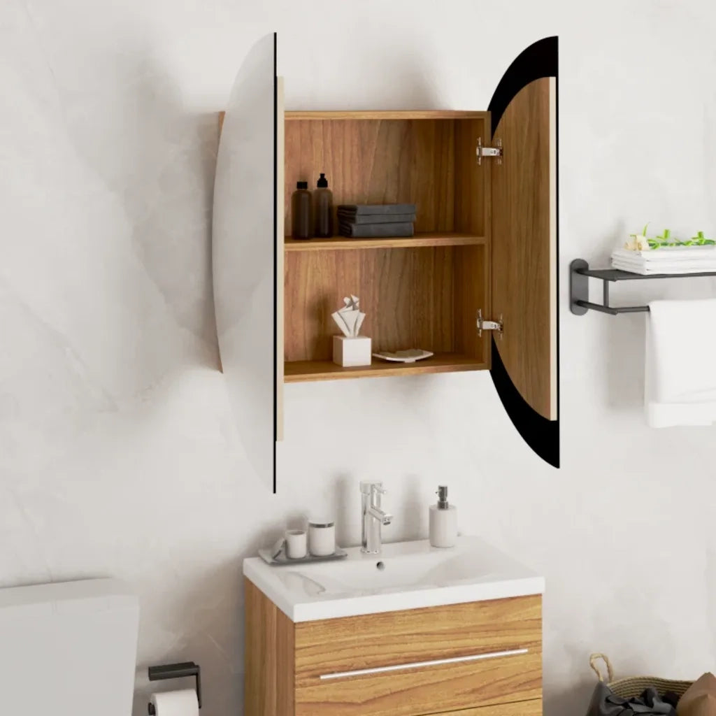 Armadio da Bagno con Specchio Rotondo e LED Rovere 54x54x17,5cm 345590