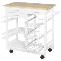 Carrello da Cucina con Ruote, Mobile da Cucina Salvaspazio in Legno Massiccio: 3 Cassetti, 3 Cestelli, 2 Portaspezie, 2 Ripiani, 92x37x82 cm