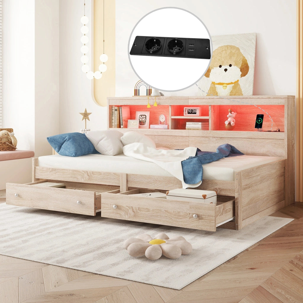 Letto a Divanetto Singolo 90x200 cm; 1 Posto - USB; Prese di Ricarica e LED - Naturale