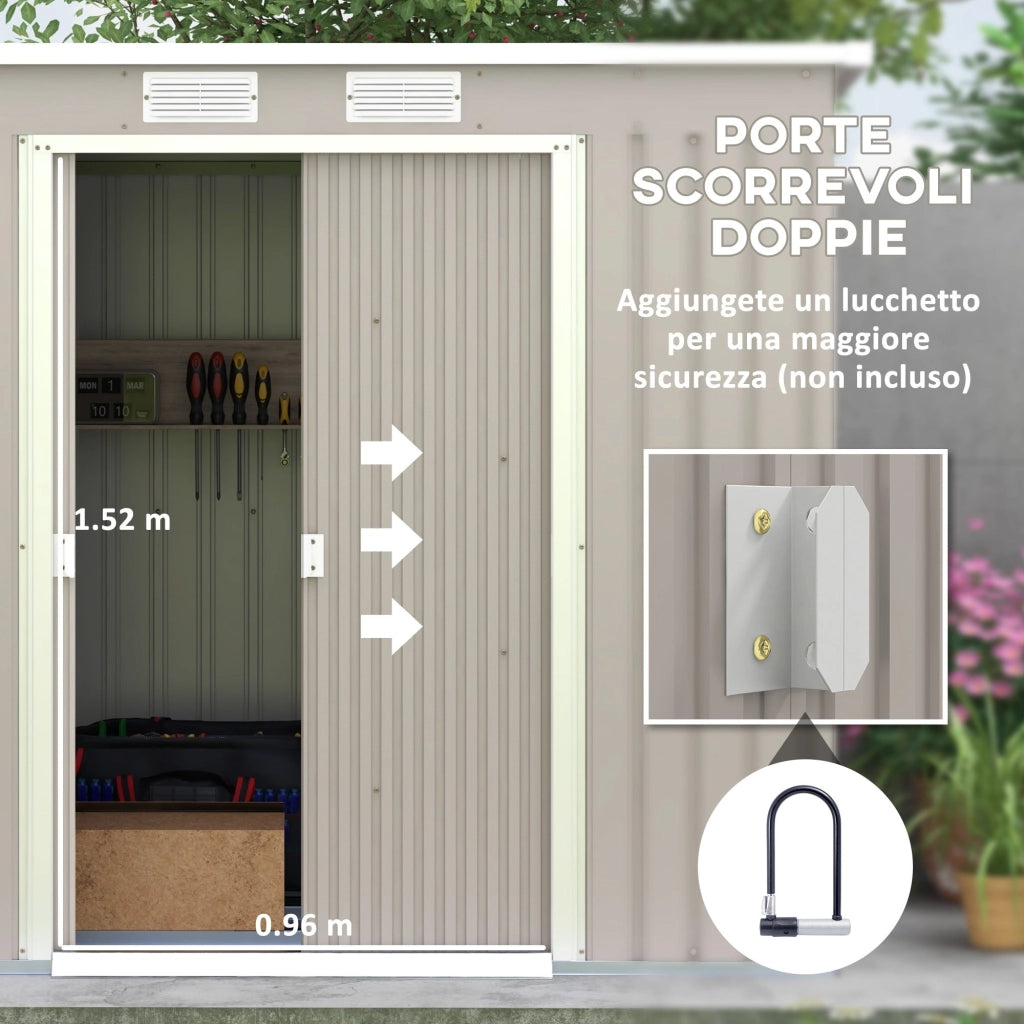 Casetta Box da Giardino 213x130x172 cm con Tetto Inclinato 2 Ingressi e Prese d'Aria in Acciaio Zincato Grigio