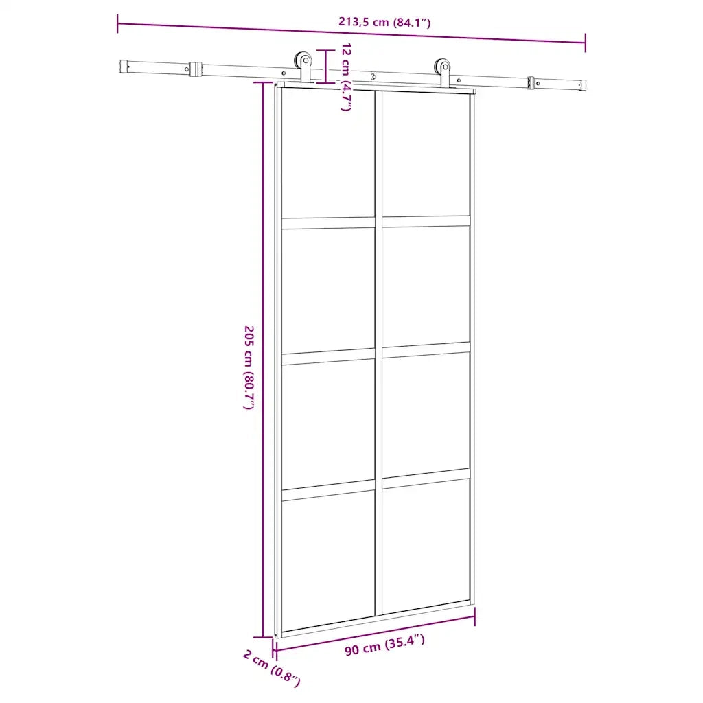 Porta Scorrevole Ferramenta 90x205 cm Vetro Temperato Alluminio 3333023