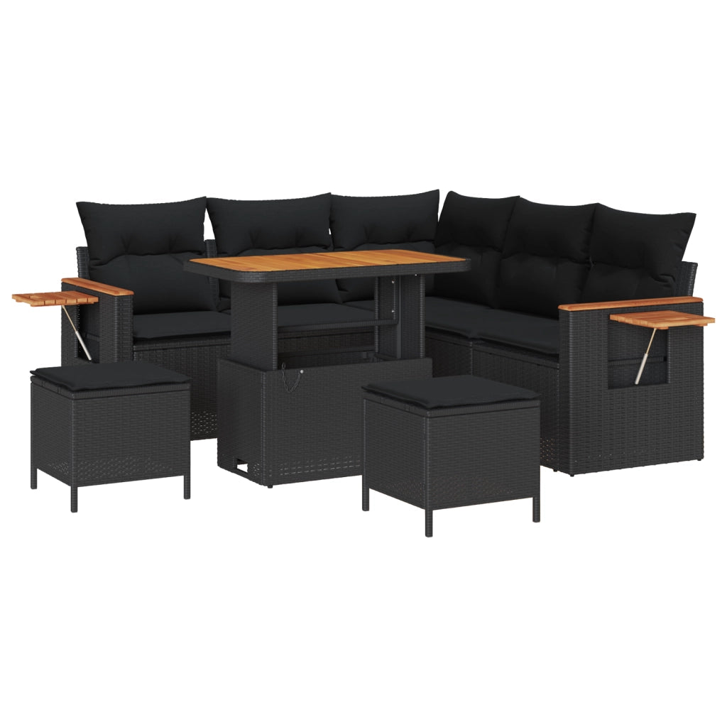 Set Divano da Giardino 8 Pezzi con Cuscini Nero Polyrattan Acacia