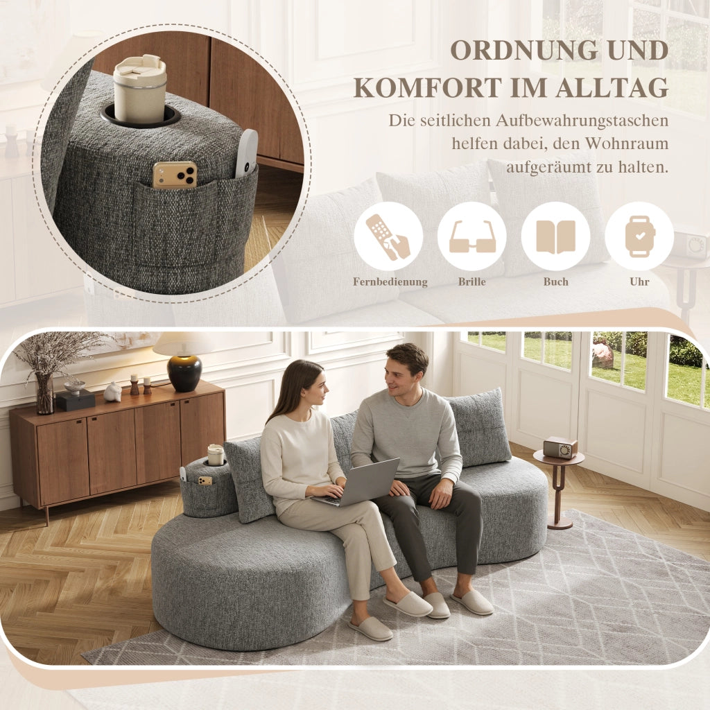Divano con tasche laterali e portabicchieri 4 cuscini in tessuto di lino grigio chiaro 240 × 109 × 60 cm