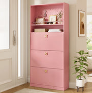 Scarpiera alta salvaspazio rosa con ante a ribalta e pannello forato