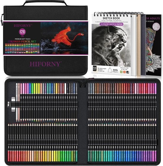 Set di Pastelli a Olio 128 Pezzi - 120 Pastelli a Olio Soft - Blender/Burnisher - Smerigliatore/Gomma - Libretto di Colori/Quaderno di Disegno - Etui Duraturo - Materiale per Disegno