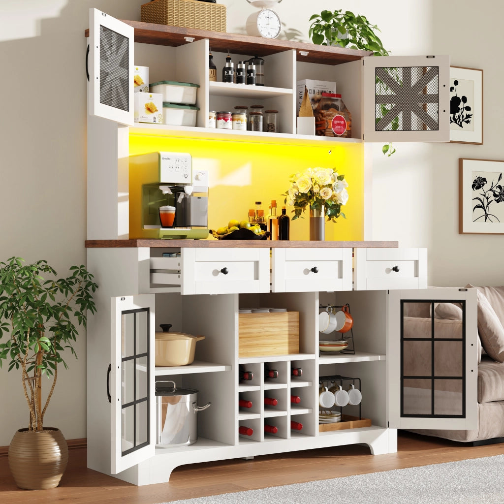 Madia Alta da Cucina con Cassetto; Ripiani Regolabili; LED e Portabottiglie; in MDF e Vetro; 120x40x180 cm; Bianco