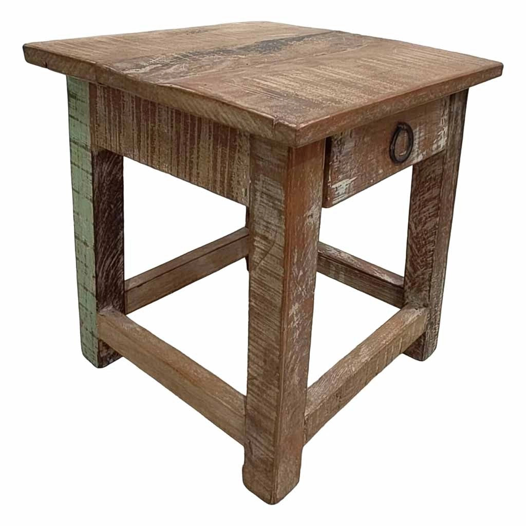Sgabello con cassetto in legno con finitura artigianale marrone 25x25x29 h cm
