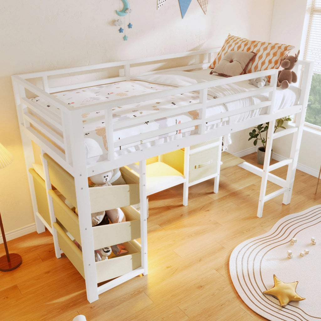 LETTO Semialto 90x200 cm Metallo Bianco con cuscino e contenitori in tessuto