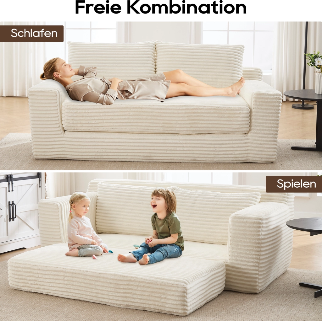 Divano letto 2 in 1 - senza montaggio e convertibile - in tessuto a coste - bianco - 39×41×97 cm