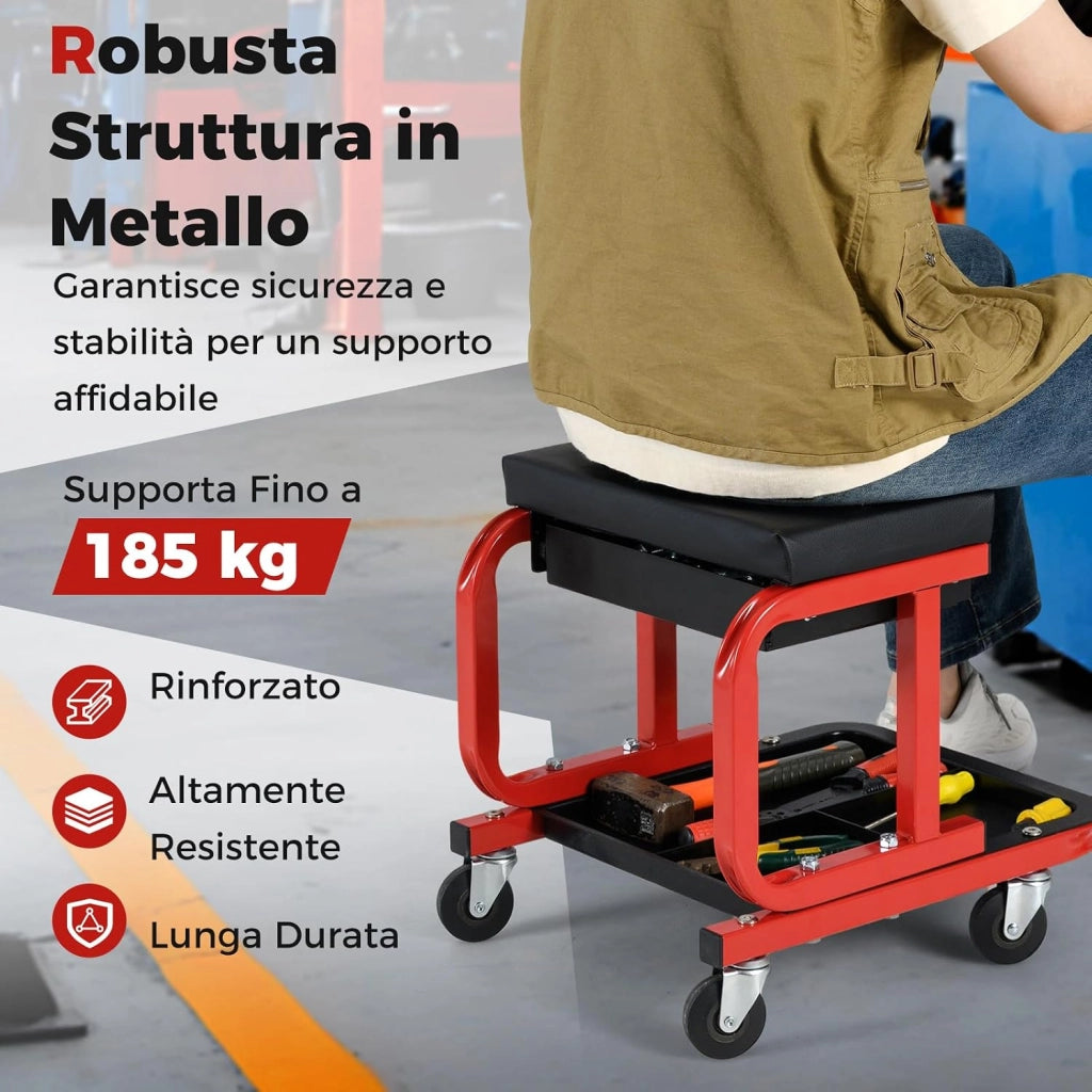 COSTWAY Sgabello da Officina con Ruote, Sedia Meccanico Imbottita con Cassetto e Vassoio Portautensili, capacità di 185 kg, per Riparazione Auto, per Garage e Officina (Nero)