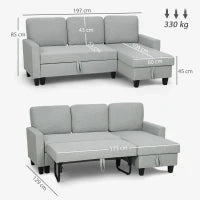 Divano Letto 3 Posti con Chaise e Spazio Contenitore, in Tessuto Effetto Lino, 197x129x85 cm, Grigio e Nero