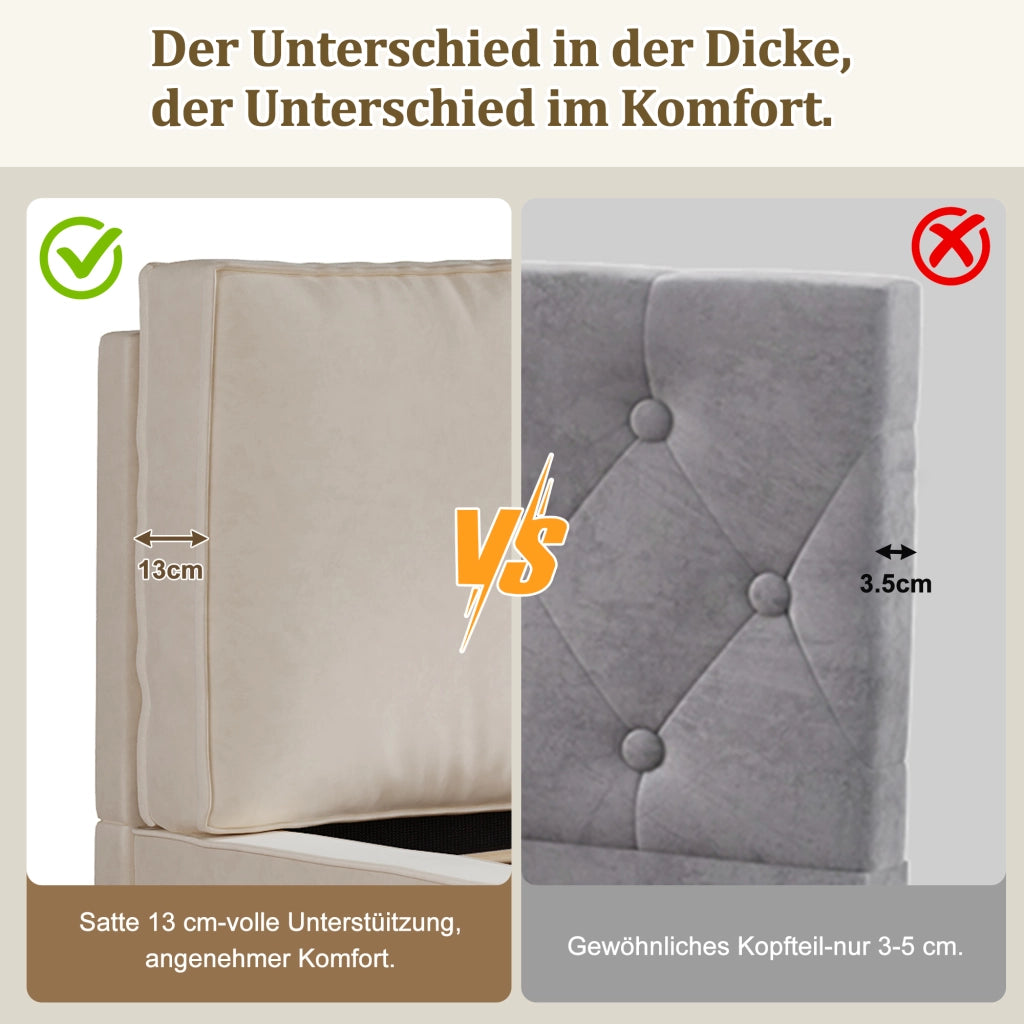Letto imbottito con contenitore idraulico e testiera, 180x200 cm, velluto beige