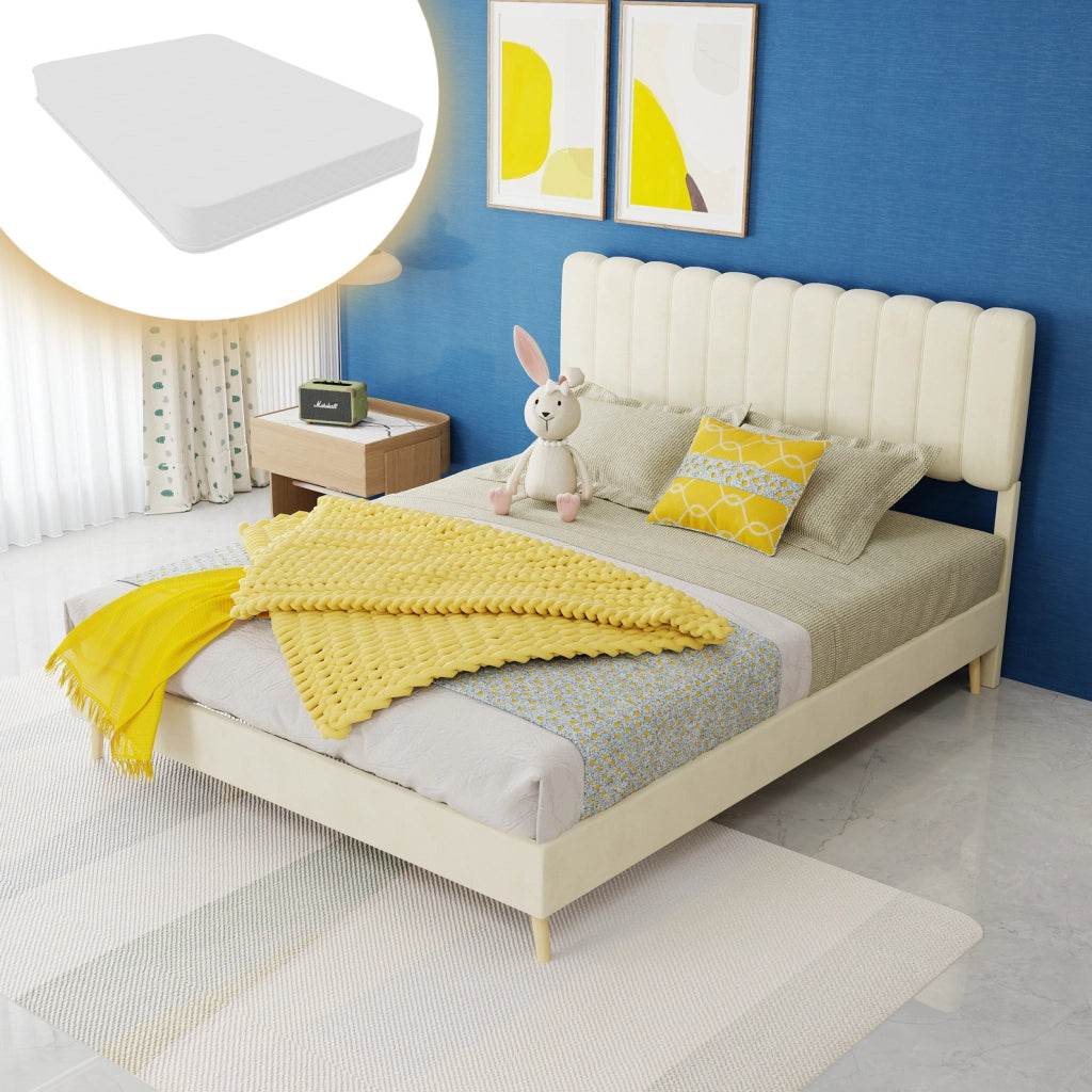 Letto imbottito 140x200 cm in tessuto e metallo; beige; con materasso incluso