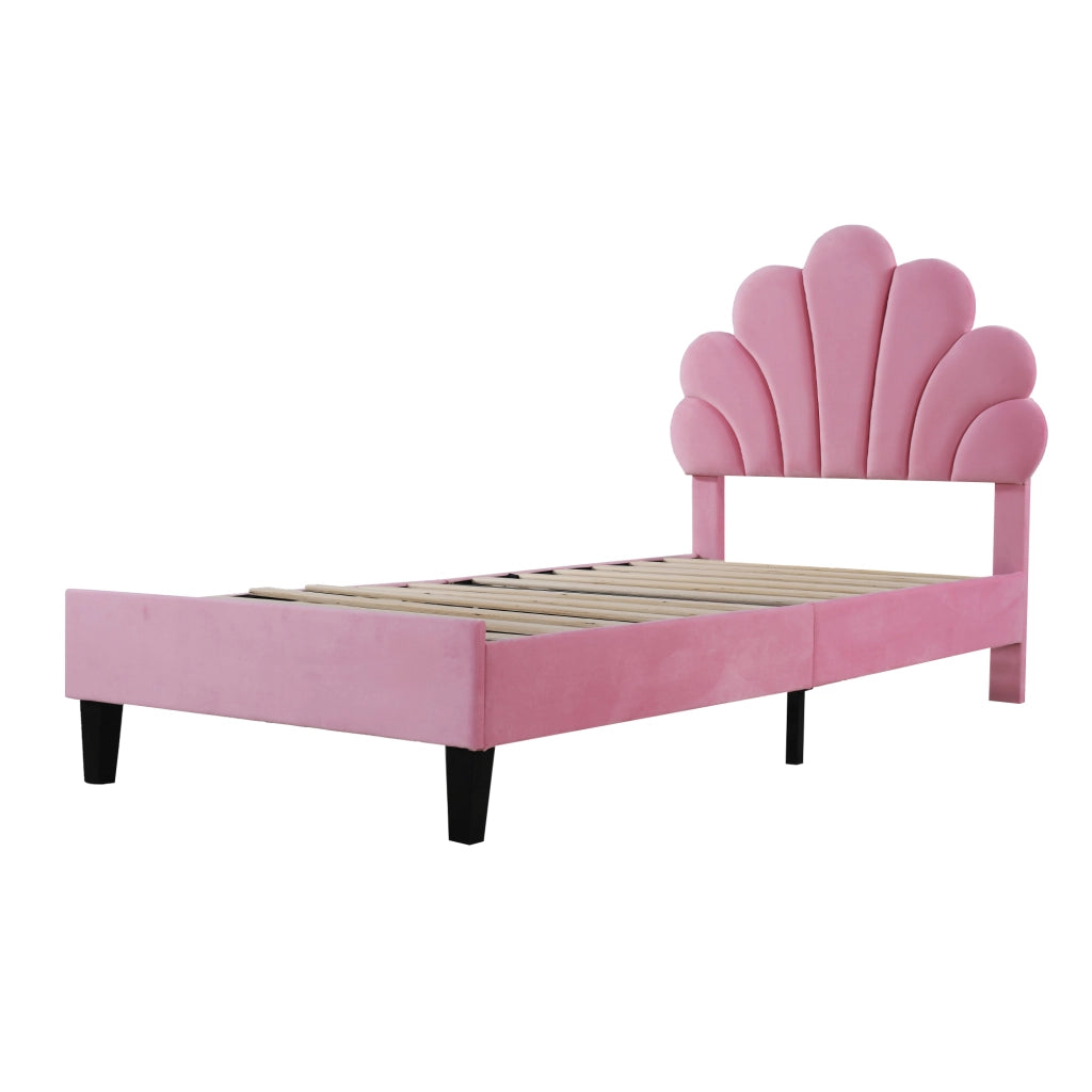 Letto Imbottito Singolo con Testiera a Fiori e Doghe ¨C MINIMAL ¨C Velluto Rosa 90x200