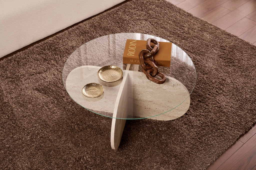 Tavolino in legno "Aeris" - 75 x 75 x 35 cm - TravertinoTrasparente