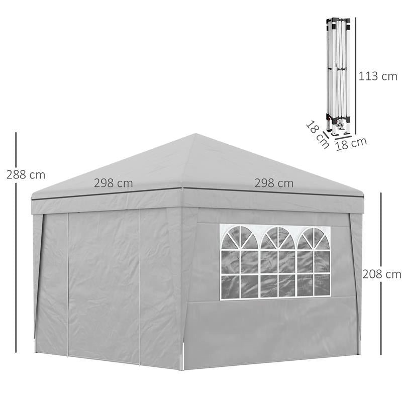 GAZEBO PIEGHEVOLE AD ALTEZZA REGOLABILE CON FINESTRELLE IN ACCIAIO E TESSUTO OXFORD 298X298X288 CM GRIGIO CHIARO