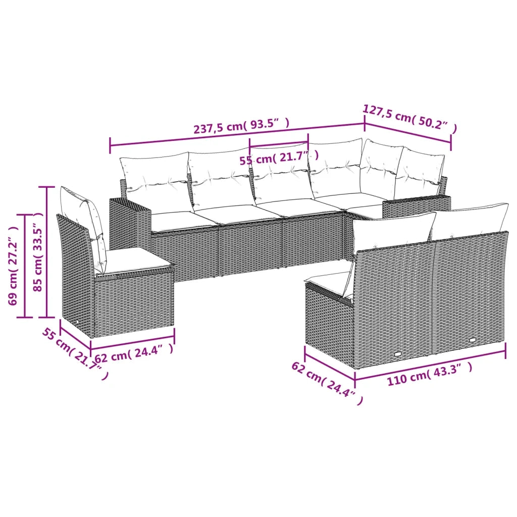 Set Divano da Giardino 8 pz con Cuscini Beige in Polyrattan 3251405