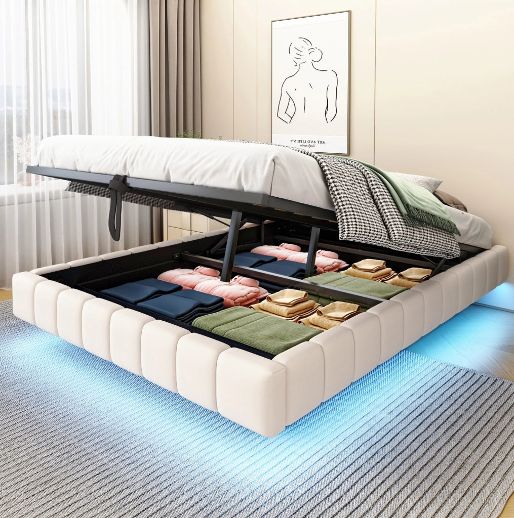 Letto imbottito 140x200 cm con contenitore; LED regolabile e struttura effetto sospeso beige