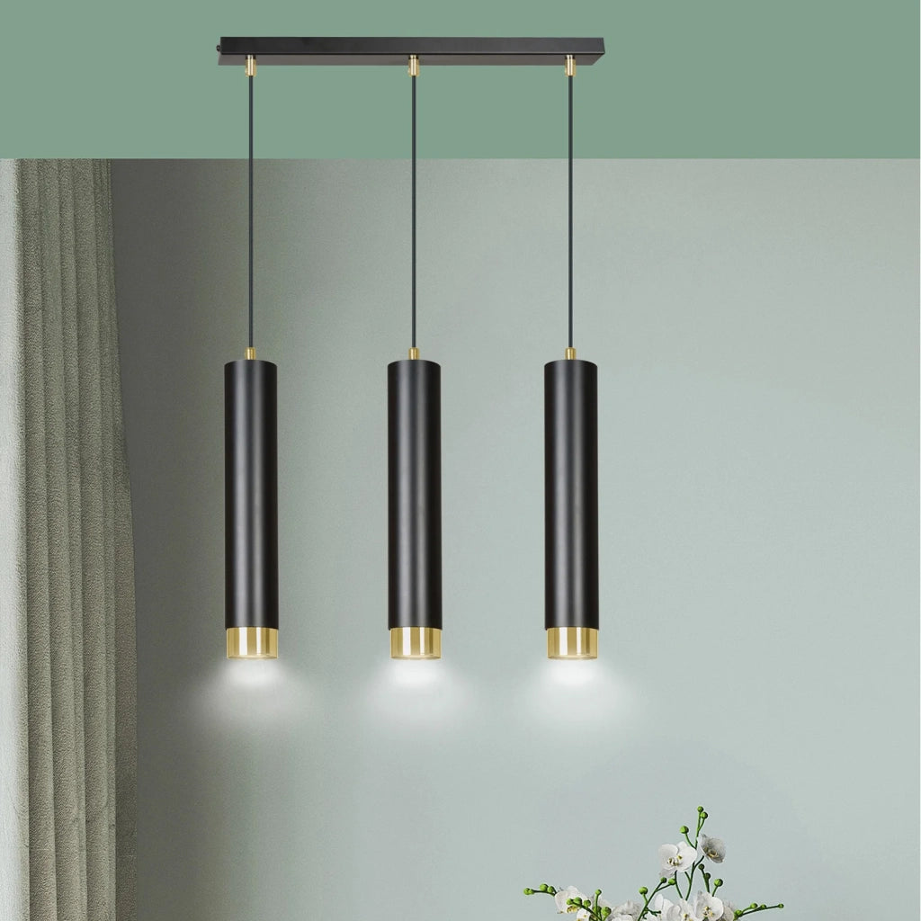 Lampadario 3 Luci Brunilde In Acciaio Nero E Tubolari In Nero E Oro