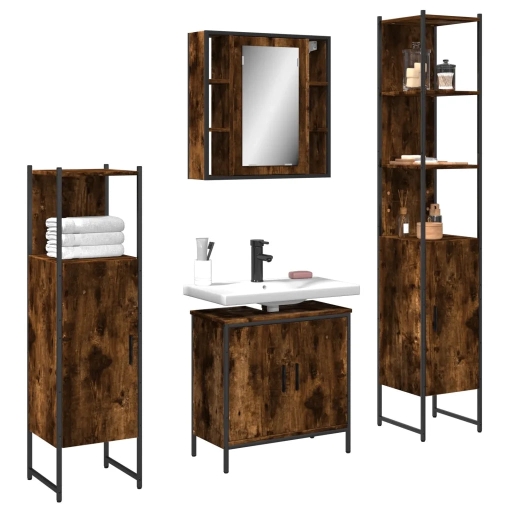 Set Mobili da Bagno | Armadio da bagno 4 pz Rovere Fumo in Legno Multistrato