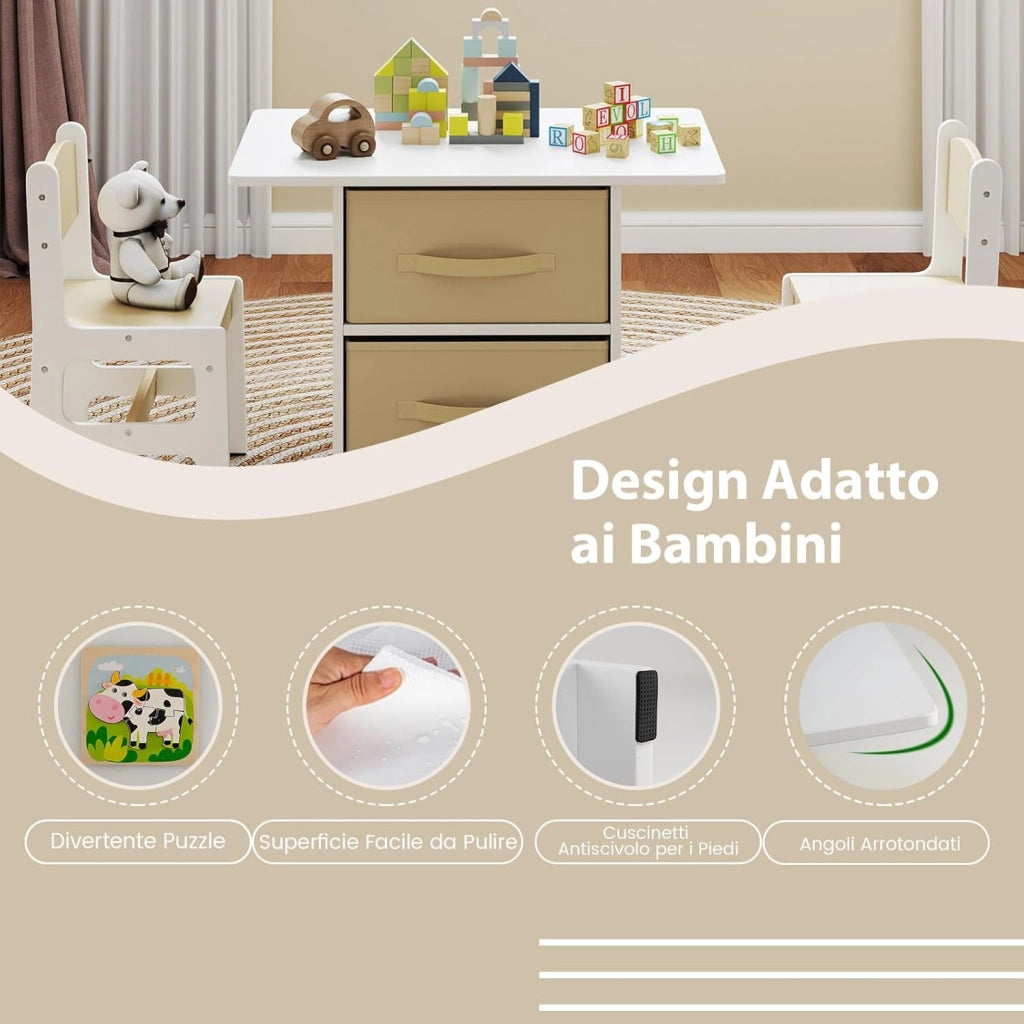 Set Tavolo e Sedie per Bambini 1-7 Anni, Tavolino in Materiale Atossico e Indore con 2 Sedie Ergonomiche con Schienale, Angoli Arrotondati, Ideale per Giocare, Disegnare e Leggere (Beige)