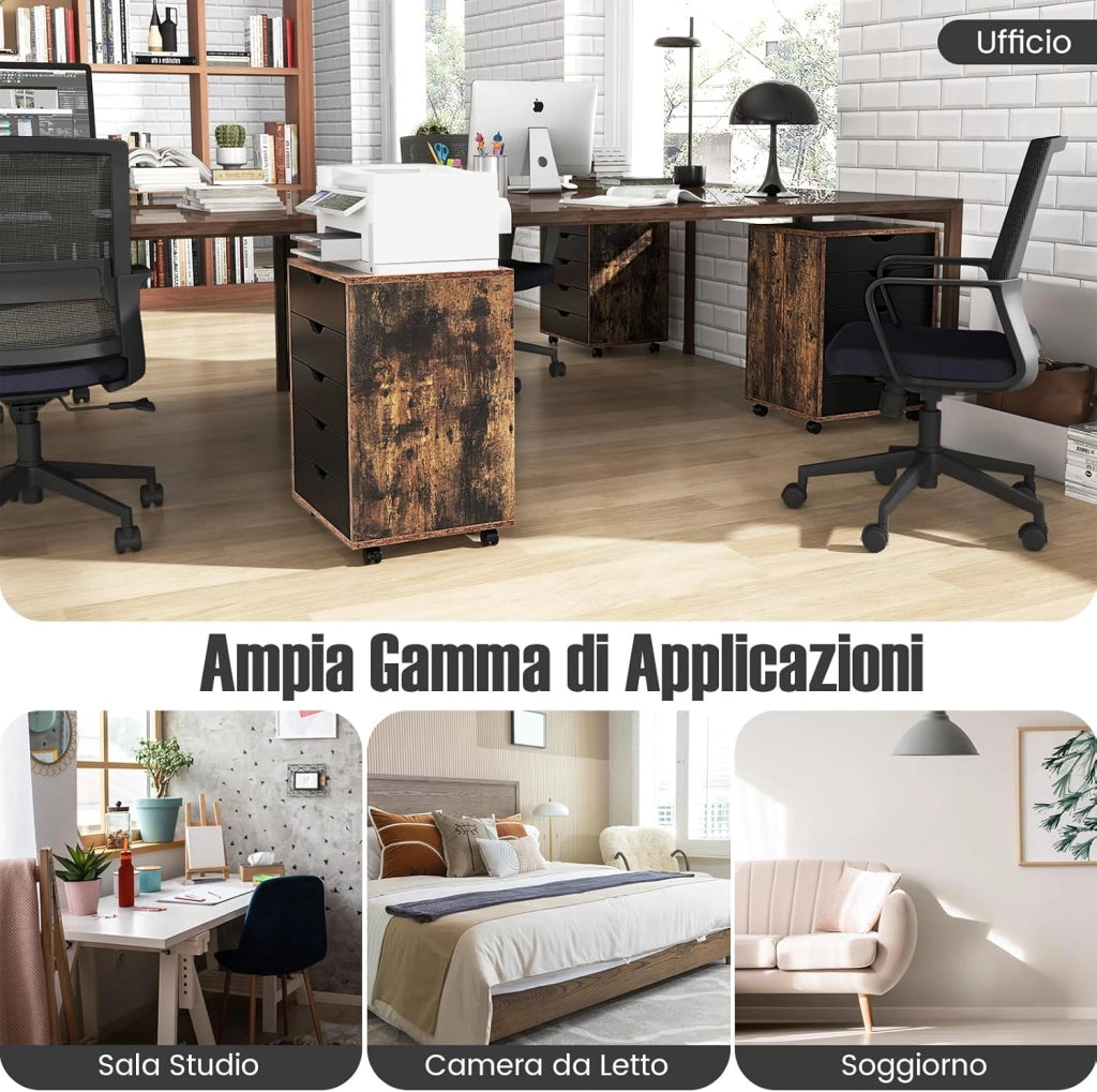 Cassettiera da Ufficio con 5 Cassetti e Ruote, Mobiletto Multiuso per Documenti e Cosmetici, Comodino con Ruote per Camera da letto Studio Ufficio e Soggiorno (Marrone)