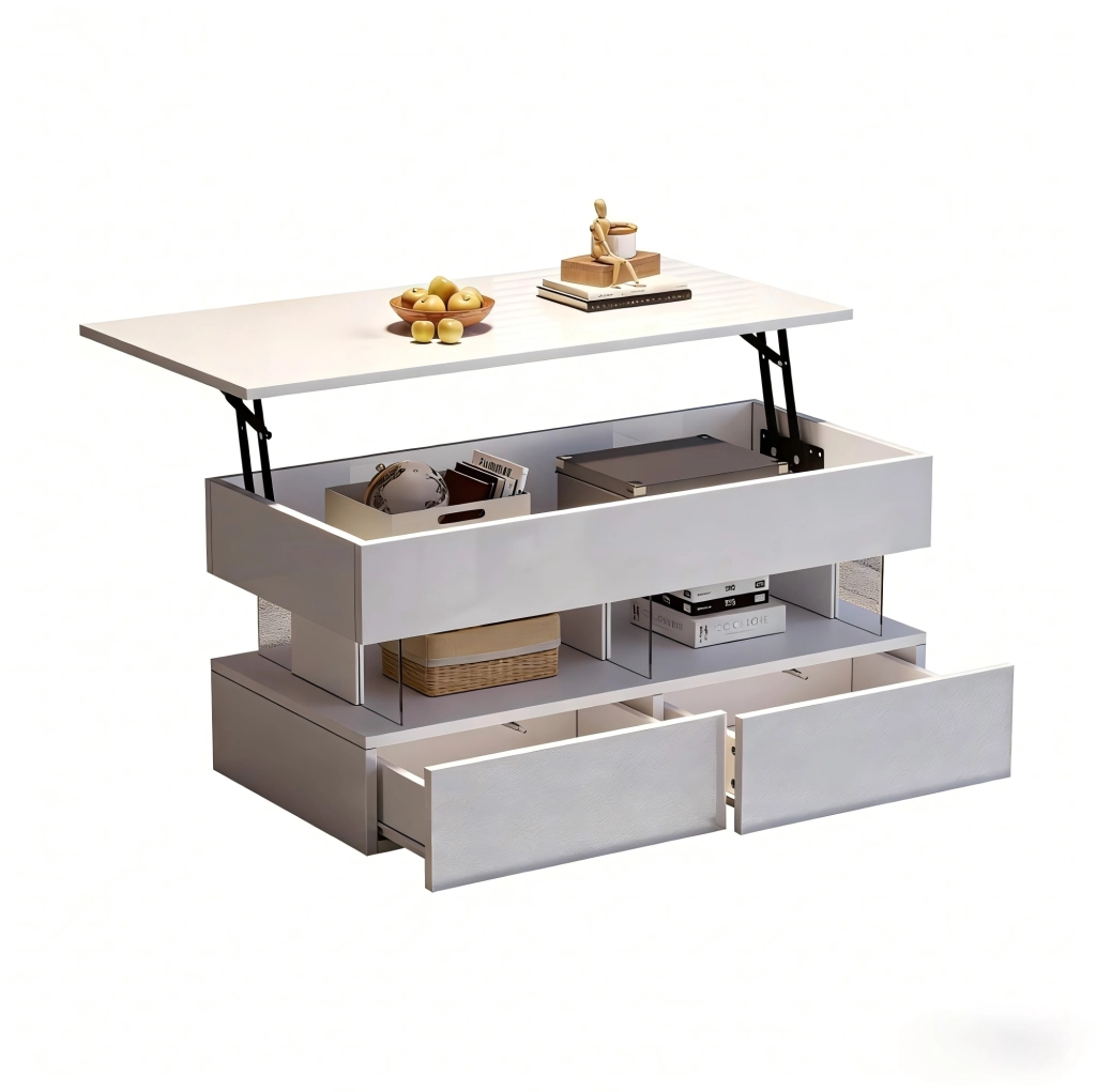Tavolino da salotto sollevabile 100 x 50 x 46 cm bianco in MDF con LED e 2 cassetti