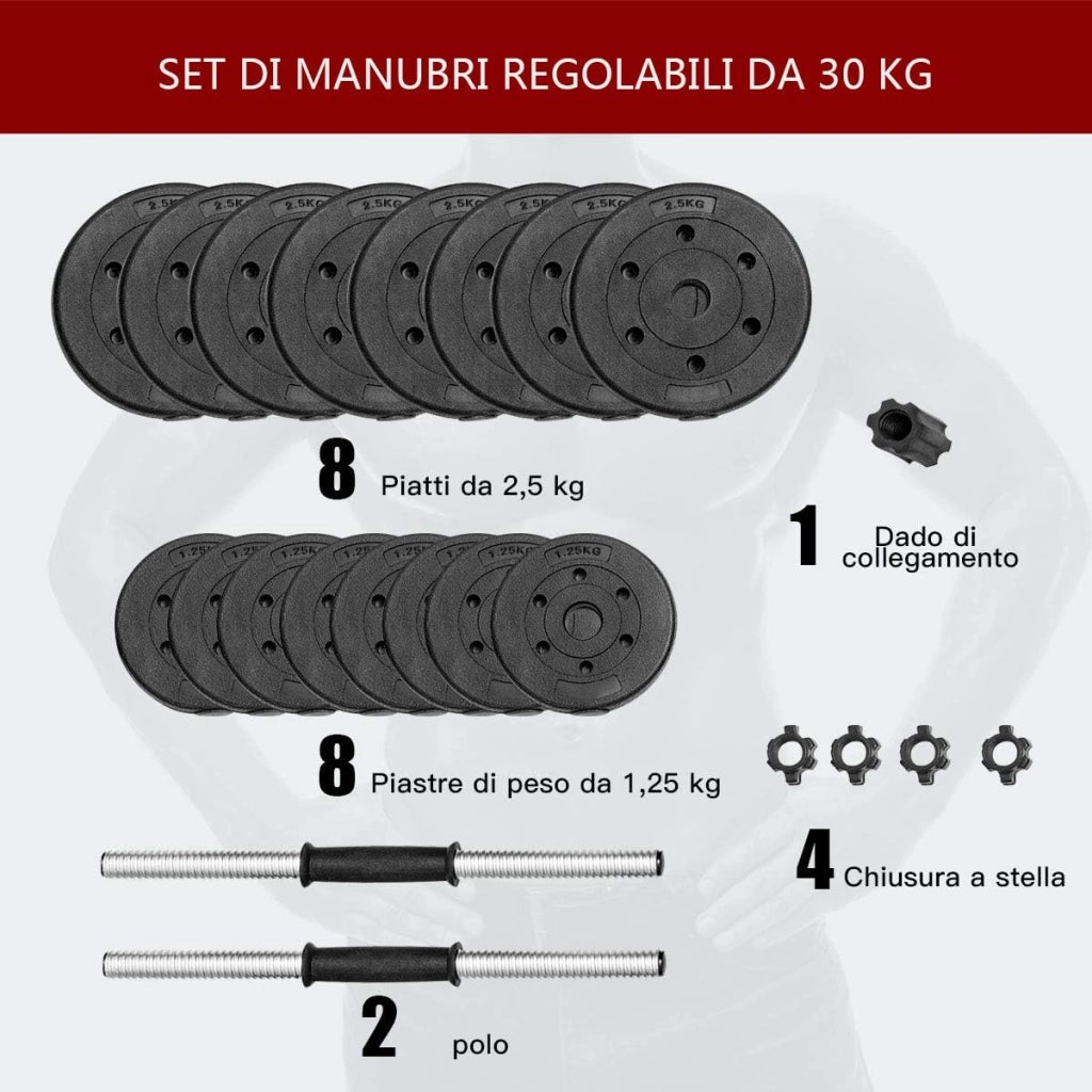 COSTWAY Manubri Regolabili 30 kg, Kit Pesi Palestra con Bilanciere, 4 Chiusure a Stella e 16 Dischi, Kit Manubri per Allenamento a Casa e in Palestra