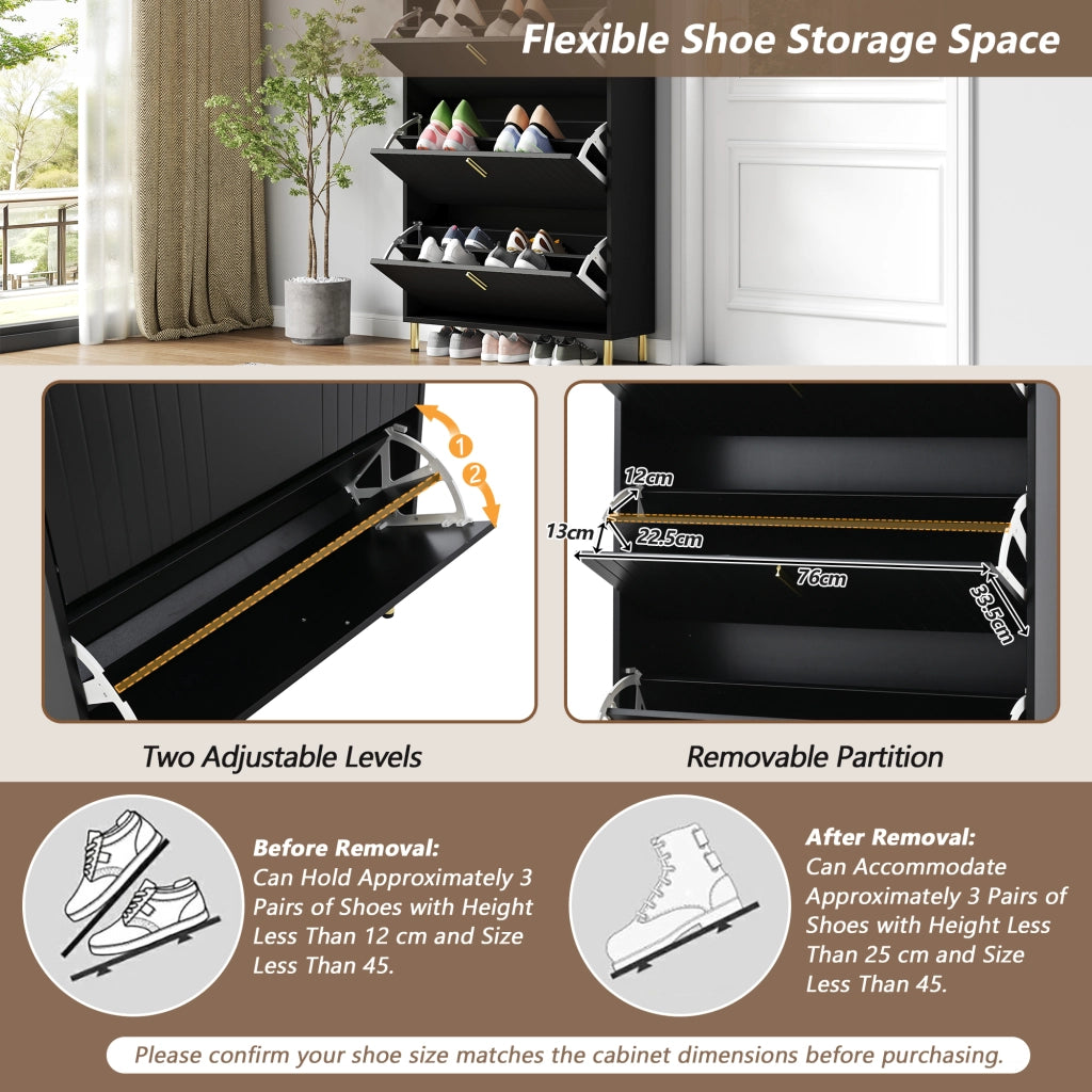 Scarpiera con 3 ante e ripiani regolabili, vano superiore, per ingresso, in MDF, nero, 80 × 23 × 123,5 cm