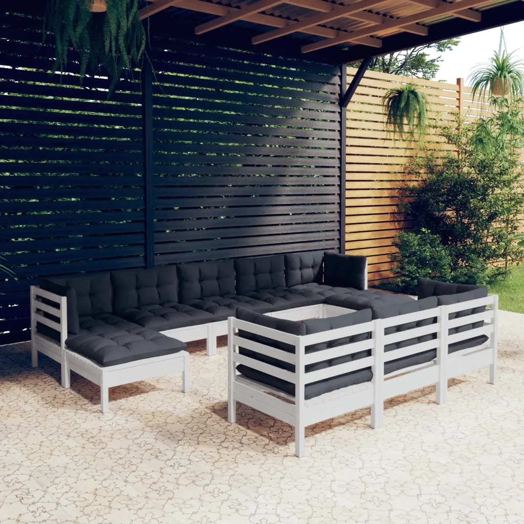 Set Divani da Giardino 10 pz con Cuscini Bianchi Legno di Pino 3097140