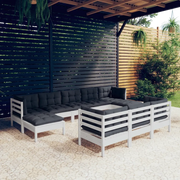 Set Divani da Giardino 10 pz con Cuscini Bianchi Legno di Pino 3097140
