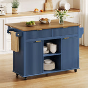 Isola da cucina su ruote con piano ribaltabile, 2 cassetti, 2 ante e porta spezie, colore blu e legno