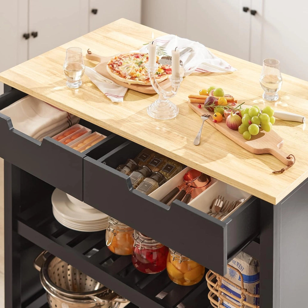 Mobile Cucina Salvaspazio Carrello Cucina con Ruote Credenza Cucina Mobiletto Cucina Dispensa Isola Cucina Mobile Cucina con Cassetti Piano in Legno Nero 98x94x58 cm FKW74-SCH