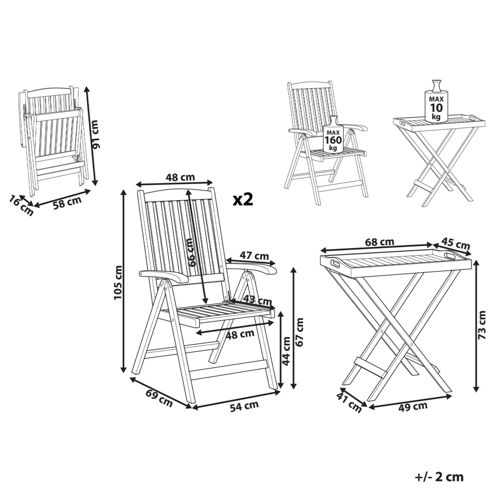 Set da balcone con 2 sedie da giardino regolabili in legno di acacia con schienale regolabile pieghevole in stile rustico