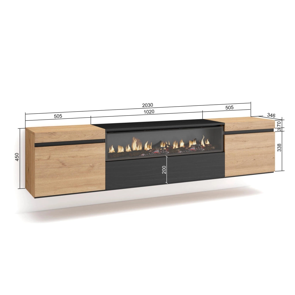 Mobile TV, 200x35x45cm, soggiorno, Per TV fino a 80", Camino elettrico, da appendere, colore Rovere e nero RF2261