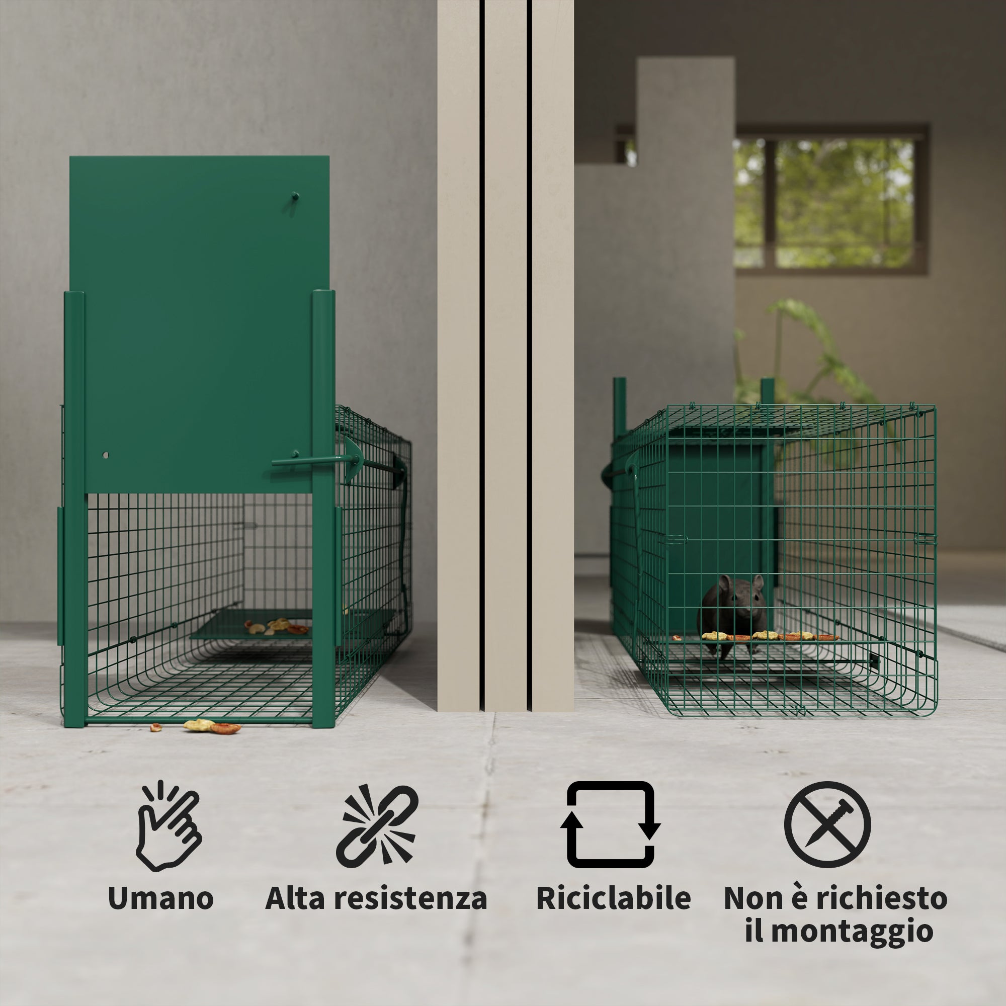 Gabbia Trappola per Animali Piccoli 100x25x28 cm conPorta e Maniglia in Acciaio Verde Scuro