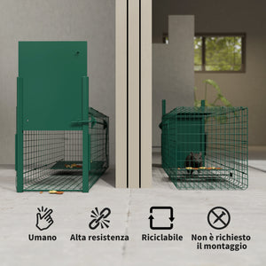 Gabbia Trappola per Animali Piccoli 100x25x28 cm conPorta e Maniglia in Acciaio Verde Scuro