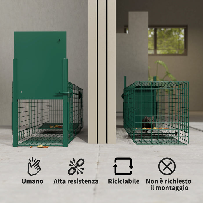 Gabbia Trappola per Animali Piccoli 100x25x28 cm conPorta e Maniglia in Acciaio Verde Scuro