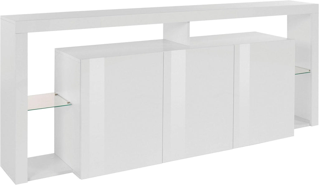 Credenza con 3 Ante e Ripiani in Vetro a Giorno 200x40x80 cm Essential 3A Bianco Lucido