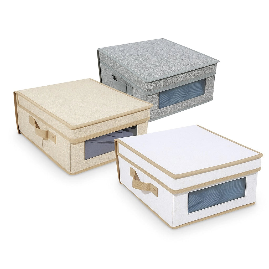 Set 3 Scatole Cambio Stagione TNT Salvaspazio Pieghevoli con Finestra PVC 50x40x25