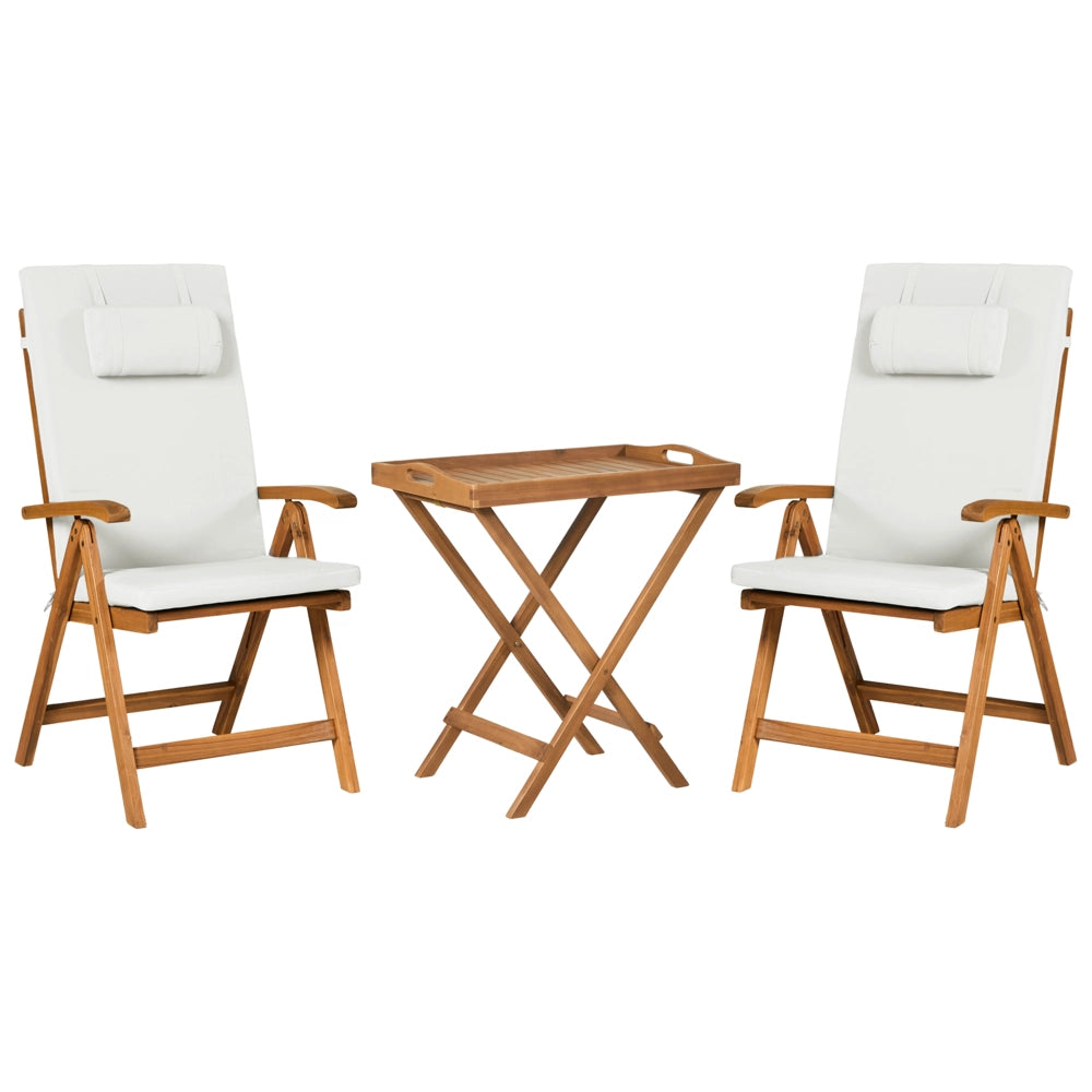 Set da giardino in stile rustico con tavolo in legno di acacia, 2 sedie pieghevoli e cuscini bianco sporco