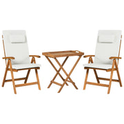 Set da giardino in stile rustico con tavolo in legno di acacia, 2 sedie pieghevoli e cuscini bianco sporco