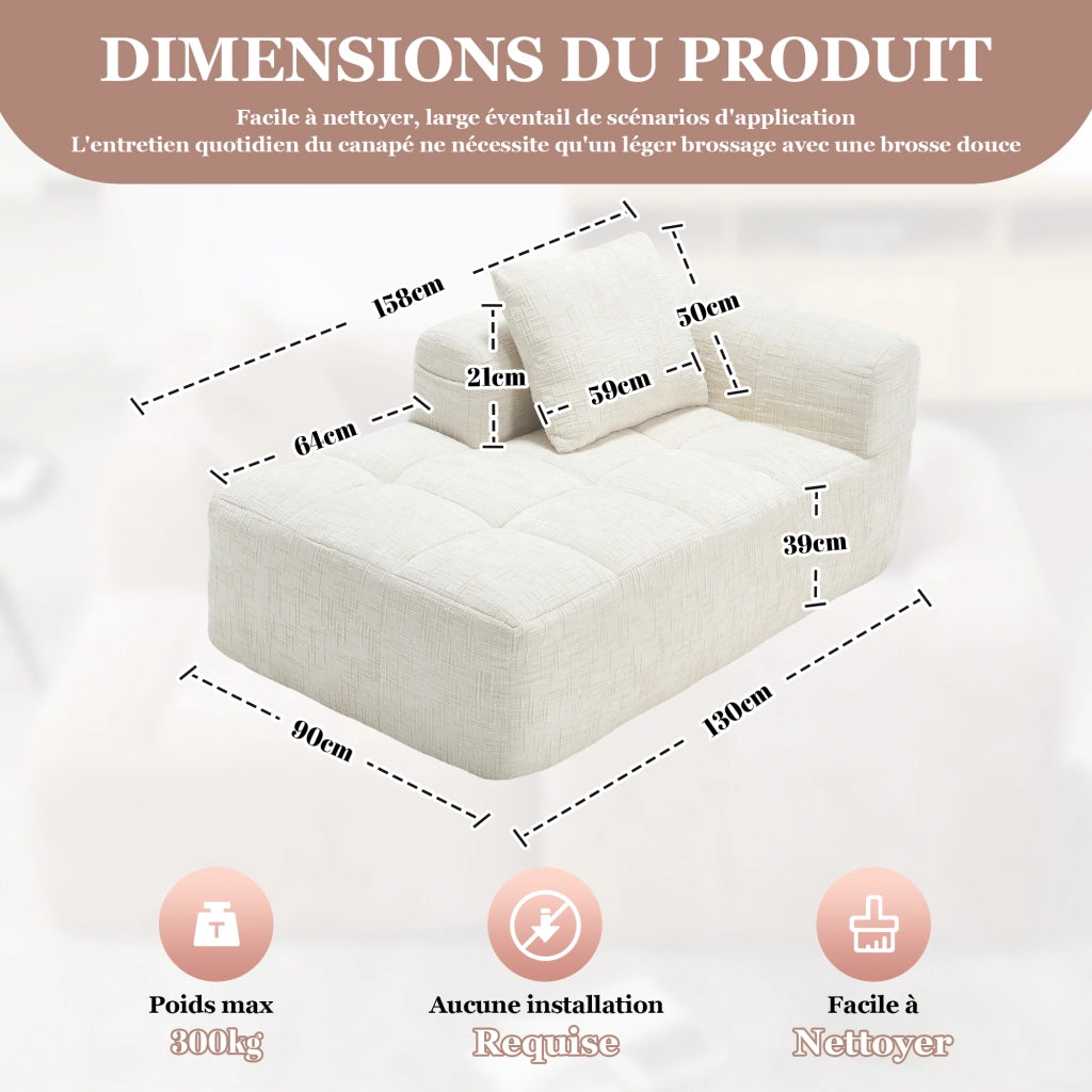 Chaise Longue Méridienne 1 Posto con Cuscino e Tasche Laterali; Comfort Morbido; in Ciniglia Beige