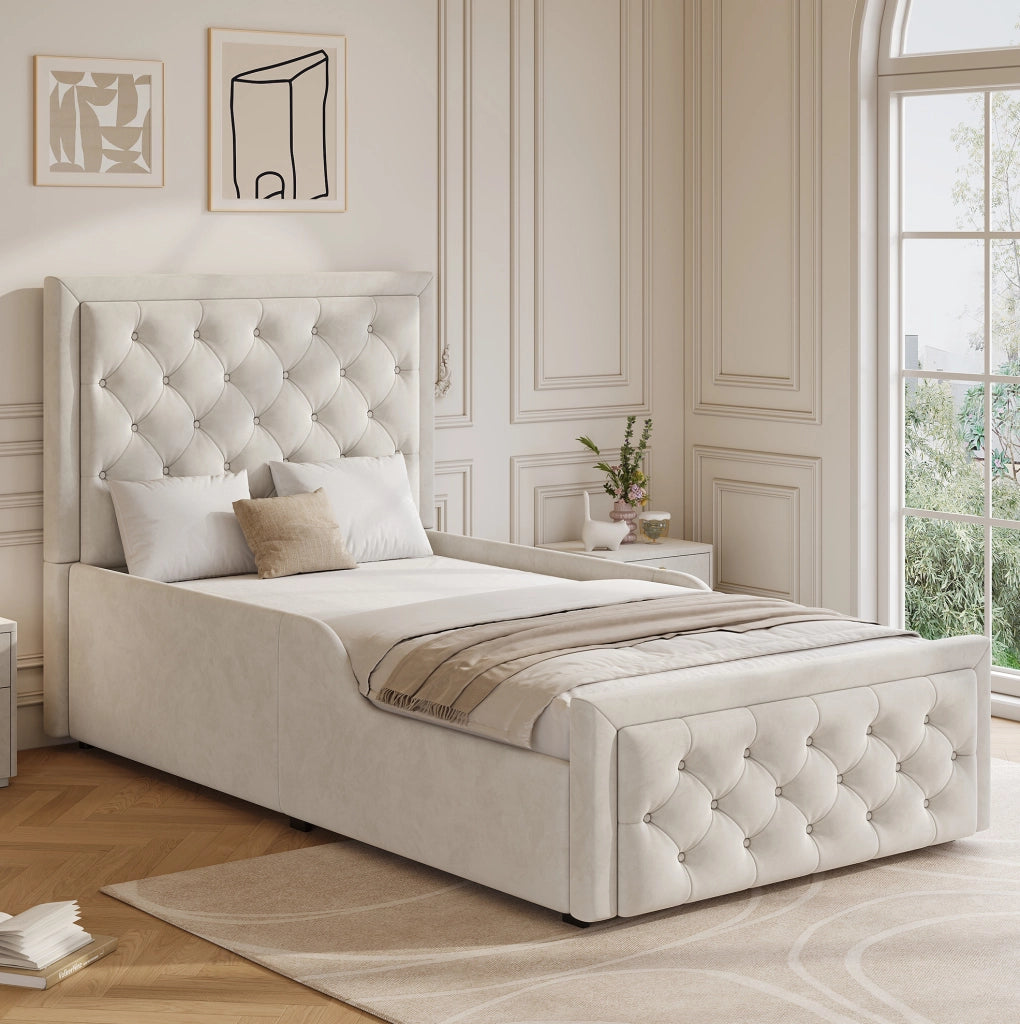 Letto singolo per bambini 90x200 cm con contenitore; velluto beige