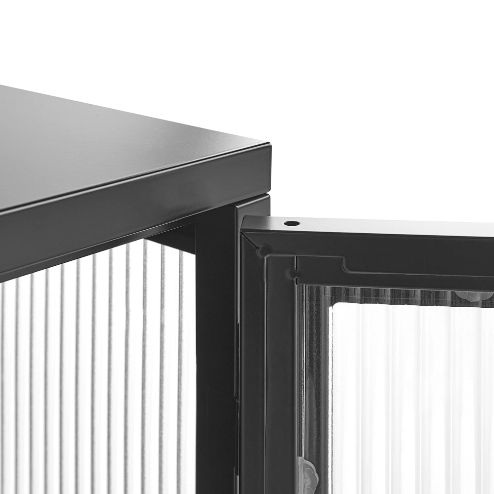 Credenza a 3 ante in metallo nero e vetro con ripiani 115 x 35
