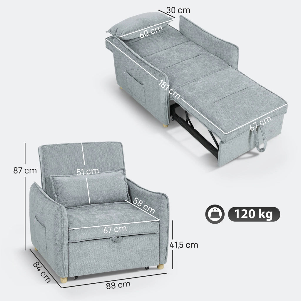 Poltrona letto convertibile 3 in 1 ¨C Xylo ¨C tessuto chenille grigio 88x84x87cm